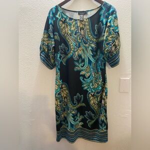 Roulette Women's Large Black and Teal Paisley Mid Sleeve Dress
